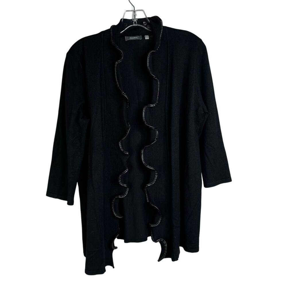Neiman Marcus Cardigan Sweater Women L Black Open Ruffle Front Faux Leather Trim